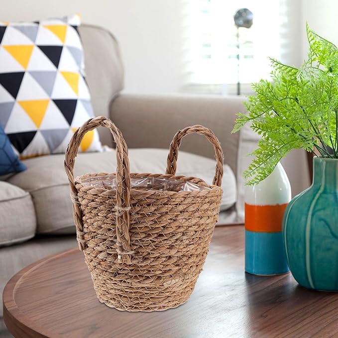 Zerodeko Seagrass Planter Basket Straw Plant Baskets Woven Basket Flower Plant Pot Wicker Plant Containers with Plastic Liner for Indoor Plants Laundry Room 16cm Khaki