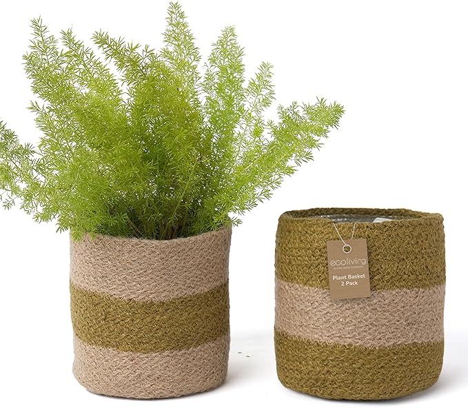 Jute Planter Basket-Woven Jute Rope Covers for Decorating Indoor/Outdoor Succulents, Small Plant Pots-Set of 2-Multi-Purpose Storage Bins 6.5 Inches - Modern Style Décor- Olive & Natural