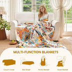 Boho Throw Blanket - 60"x80" 100% Cotton Ultra Soft Lightweight Spring Blanket, 4-Layer Breathable Muslin Blankets for Bed Couch, Reversible Green Floral Butterfly Printed Bohemian Cotton Quilt