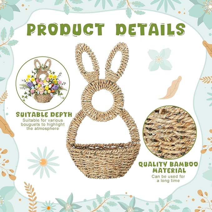 LemonRoad 16.1 Inch Easter Bunny Basket Easter Bunny Woven Wicker Basket Hanging Wall Rabbit Pocket for Spring Front Door Flowers Eggs Gifts Decor