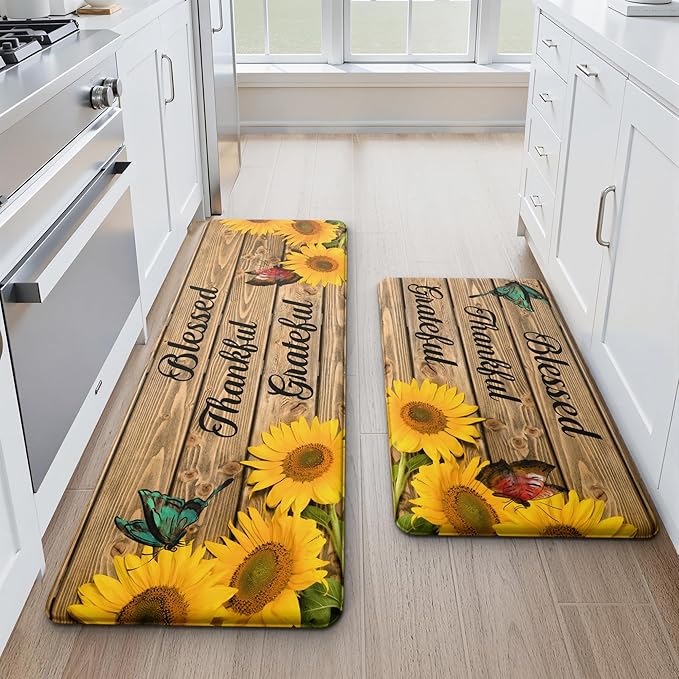 MAYHMYO Sunflower Kitchen Mat Set of 2 - Anti Fatigue Mats for Kitchen Floor - Non Slip Cushioned Rugs for Standing (17.3"×29"+17.3"×47"-0.4") Wood Grain