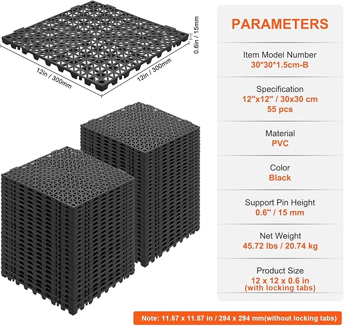 VEVOR Interlocking Tile 55PCS Black, Drainage Tiles 12" x 12" Splicing, Soft PVC Interlocking Drainage Floor Tiles, Non-Slip Drainage Holes for Restroom, Bathroom, Kitchen, Pool, Wet Areas