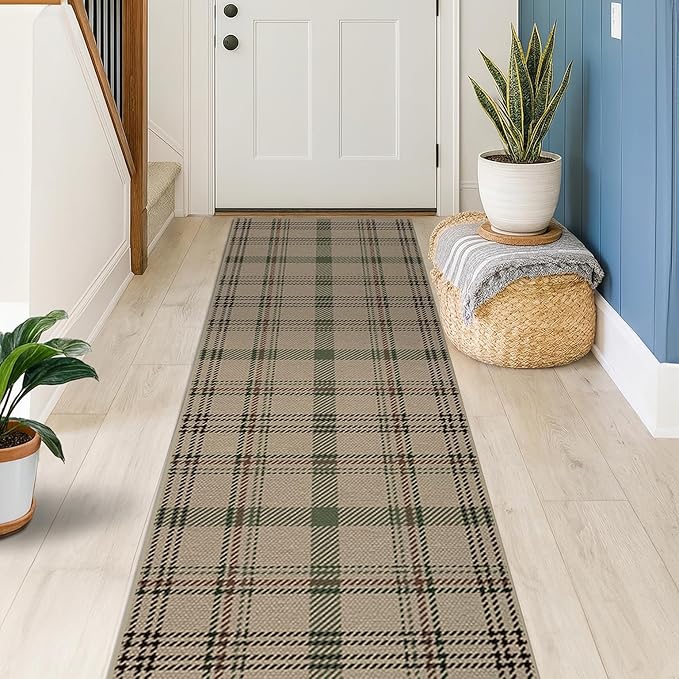 Kitchen Runners Non Skid Washable 6ft - Farmhouse 2x6 Jute Runner Rug for Hallway, Washable Outdoor Carpet for Entryway Indoor, Non Slip Woven Green Plaid Decor