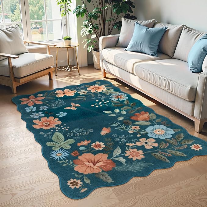 Lahome Floral Machine Washable Rug, 3x5 Rug Non Slip Soft Bedroom Rugs for Entryway Dorm, Ultra-Thin Boho Rugs for Living Room Throw Carpet for Nursery Entrance Flore, Navy Blue