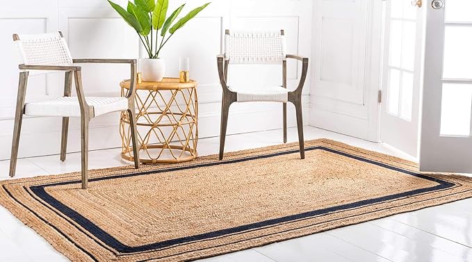 Unique Loom Braided Jute Collection Classic Quality Made Natural Hand Woven with Coastal Design Area Rug (6' 0 x 9' 0 Rectangular, Natural/ Navy Blue)