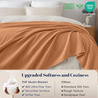 PHF 100% Cotton Muslin Blanket King Size 108"x90", 4-Layer Lightweight Gauze Throw, Breathable Cloud-Soft Minimalist Blanket for Bed, Couch, Camping & Baby, Caramel, Ideal Gift