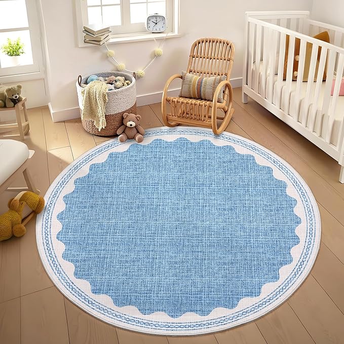 Scalloped Blue 6ft Round Rug Washable Non-Slip Soft Ultra-Thin Small Modern Cottage Core Solid Tan Circle Carpet for Kitchen Bedroom Nursery Dining Room