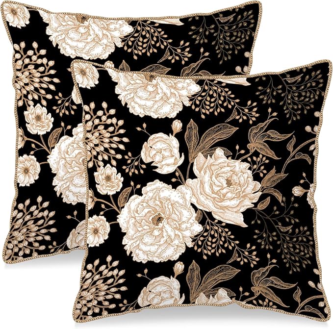 KSLIDS Vintage Peony Roses Floral Soft Velvet Throw Pillow Covers Set of 2 White Roses Flower Bloom Leaves Decorative Pillow Covers 18x18 Inch Black Gold Cream Pillow Case for Sofa Couch Home Decor