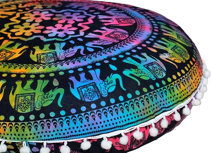 Round Mandala Floor Pillow Cover Seating Cushion Throw Cover Hippie Decorative Bohemian Ottoman Pouf Cover, Pom Pom Pillow Cases,Boho Indian 22 Inches (Multi Up hathi)