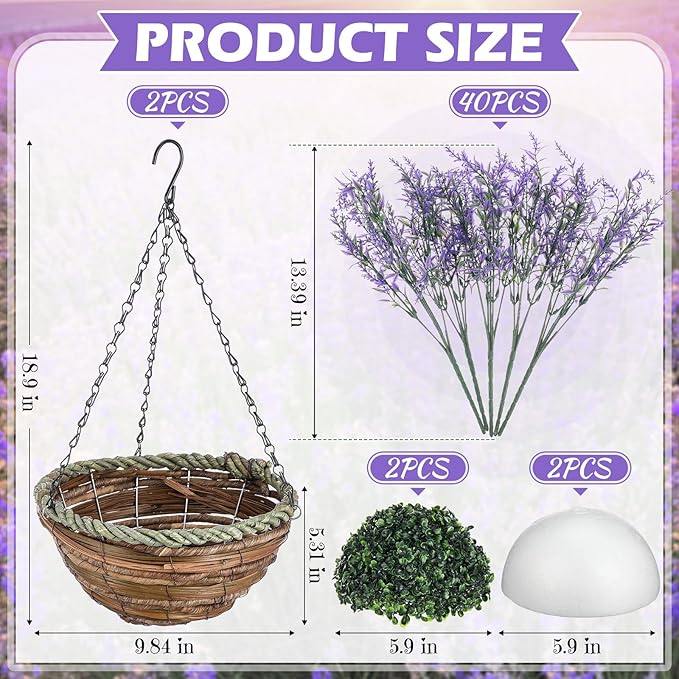 2 Sets Artificial Lavender Flowers with Hanging Basket for Outdoor Indoor Artificial Faux Hanging Flowers Plants Rattan Lining for Porch Garden Yard Spring Summer Decor (Purple)
