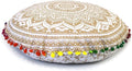 Round Mandala Floor Pillow Cover Seating Cushion Throw Cover Hippie Decorative Bohemian Ottoman Pouf Cover, Pom Pom Pillow Cases,Boho Indian 22 Inches (White Gold)