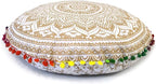 Round Mandala Floor Pillow Cover Seating Cushion Throw Cover Hippie Decorative Bohemian Ottoman Pouf Cover, Pom Pom Pillow Cases,Boho Indian 22 Inches (White Gold)