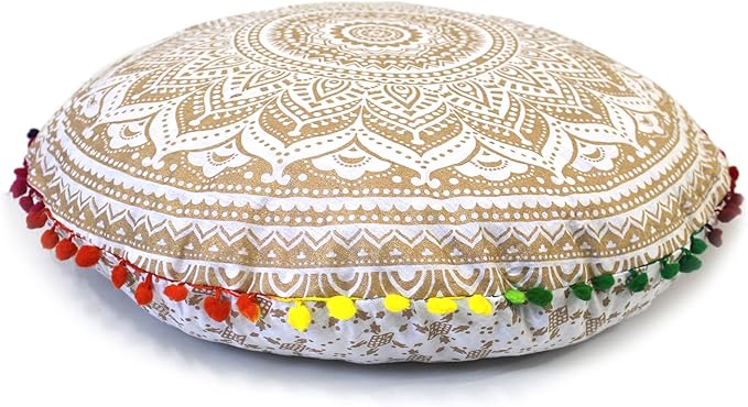 CRAFT KALA 22" Round Mandala Boho Pillow Cover Meditation Room Seating Poufs Cover for Living Room Yoga Room Home Bedroom Balcony Garden Party Decoration Cotton Floor Cushion Cover (White Gold Ombre)