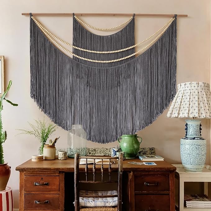 Jakalin Macrame Wall Decir Large Grey Fiber Yarn Wall Art Handmade Craftsmanship Boho Wall Decor Home Room Wall Decor,57" W x 46" L