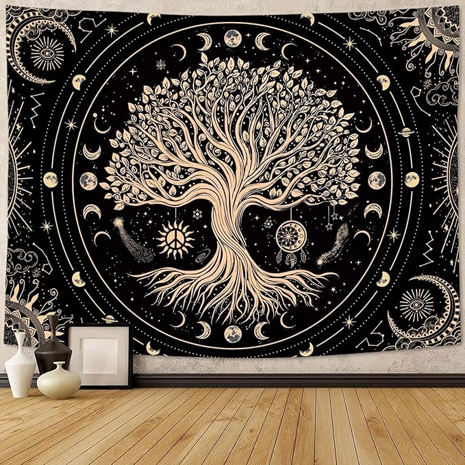 Accnicc Tree of Life Tapestry Sun Moon Stars Tapestries for Bedroom Aesthetic Hippie Black Beige Boho Mandala Spiritual Celestial Large Tapestry Wall Hanging for Dorm Living Room Decor 80 x 60 Inch