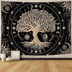 Accnicc Tree of Life Tapestry Sun Moon Stars Tapestries for Bedroom Aesthetic Hippie Black Beige Boho Mandala Spiritual Celestial Large Tapestry Wall Hanging for Dorm Living Room Decor 80 x 60 Inch