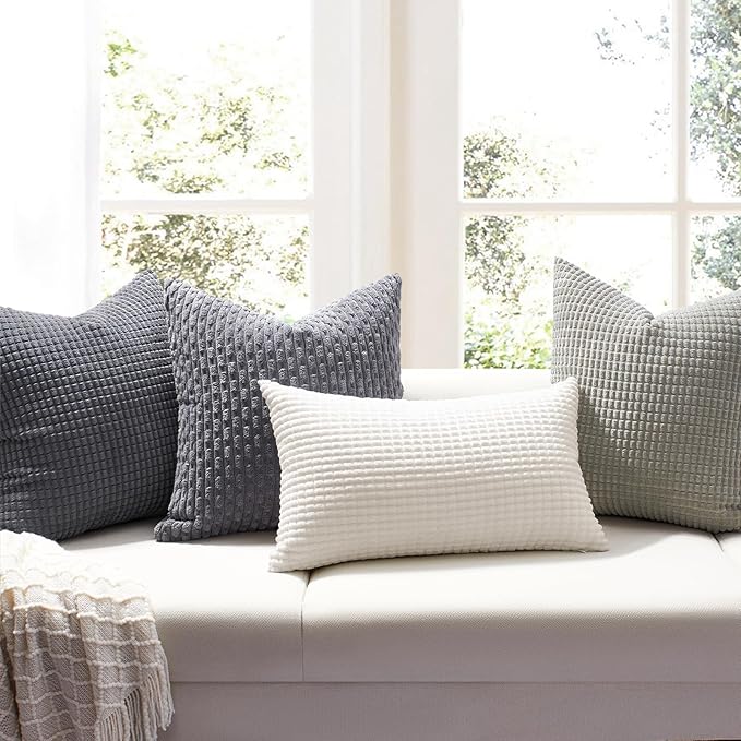 Softalker Throw Pillow Covers 12x20 Inch, Set of 2, Soft Corduroy Boho Stripe Decorative Pillow Cover, Couch Fluffy Pillow Cover for Farmhouse Home Decor Bed Living Room, Dark Grey