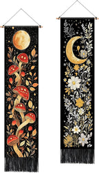 AOHMPT Pack of 2 Long Vertical Tapestry,Nature Landscape Tapestry with Serene Mountain River, Moon & Sun Motifs,Traditional Ink Painting Wall Art,Zen Aesthetic Wall Hanging for Living Room Bedroom Decor 13" W x 51" H"
