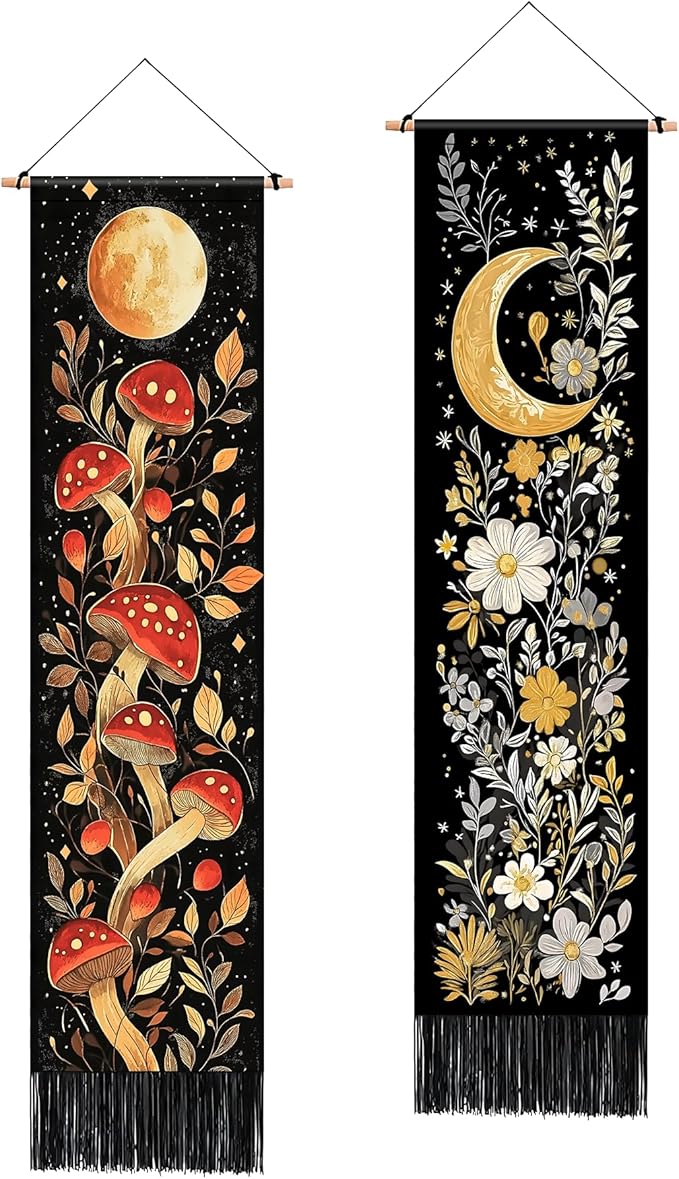 AOHMPT Pack of 2 Long Vertical Tapestry,Nature Landscape Tapestry with Serene Mountain River, Moon & Sun Motifs,Traditional Ink Painting Wall Art,Zen Aesthetic Wall Hanging for Living Room Bedroom Decor 13" W x 51" H"