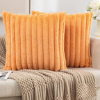 ZLINA Set of 2 Orange Faux Fur Decorative Throw Pillow Covers Fluffy Striped Pillowcase Cushion Covers 24 x 24 Inch Decor Sofa Couch Bedroom