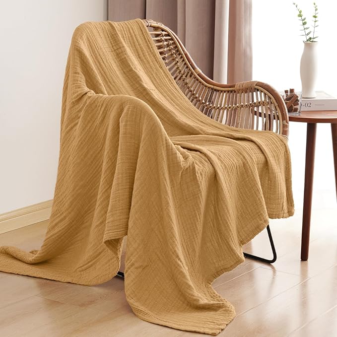 PHF 100% Cotton Muslin Throw XL Blanket Large 50" x 70", 4-Layer Lightweight Gauze Throw, Breathable Cloud-Soft Minimalist Blanket for Bed, Couch, Camping & Baby, Amber, Ideal Gift