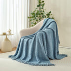 Throw Blanket for Couch, Dusty Blue Luxury Knitted Throws 60"x80", Textured Blankets with Handmade Fringe Tassels for Bed Sofa Decorative, Chunky Soft Farmhouse Boho Home Decor