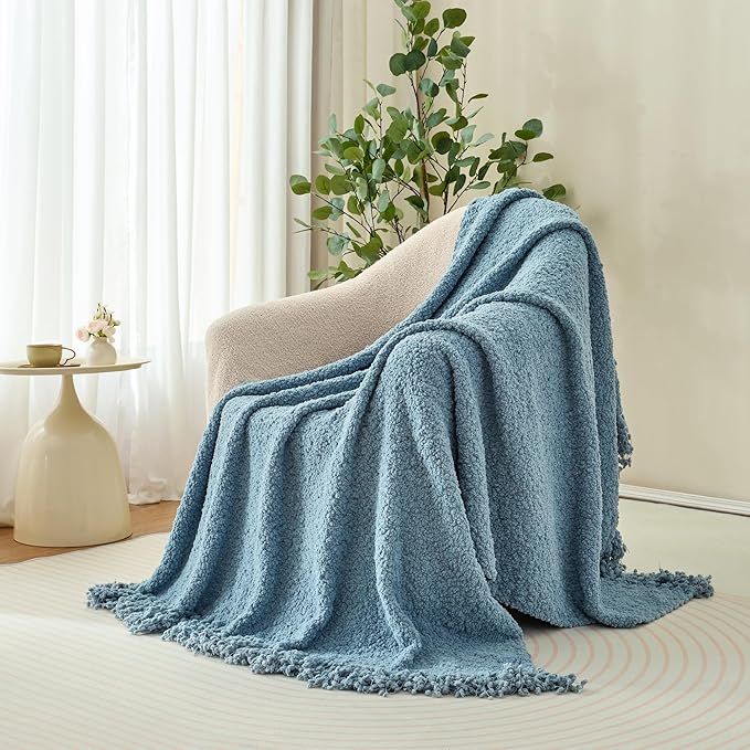 Throw Blanket for Couch, Dusty Blue Luxury Knitted Throws 60"x80", Textured Blankets with Handmade Fringe Tassels for Bed Sofa Decorative, Chunky Soft Farmhouse Boho Home Decor