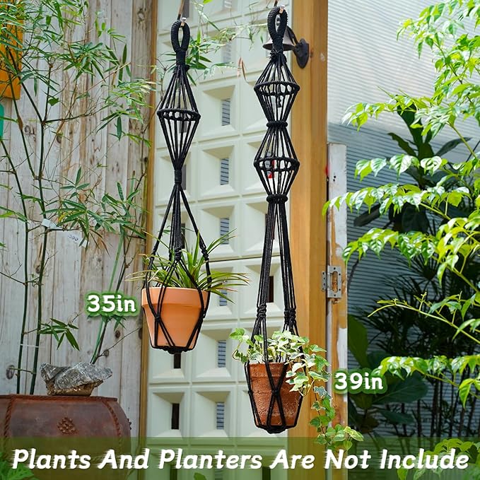 Hourglass Floating Macrame Plant Hangers 2 Pack Handmade Cotton Rope Hanging Planters Basket with S Hooks, Diamond Openwork Boho Home Decor for Indoor Outdoor, Plants Holder 35" & 39” (Black)