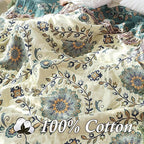 Snycler Boho Throw Blanket for Bed - 100% Cotton Ultra Soft Rustic Quilt - Blue Green Floral Printed Farmhouse Decor Bed Blankets, 80"×90" All Season Rustic Throw for Sofa Couch Chair