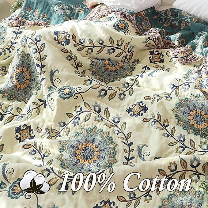 Snycler Boho Throw Blanket for Bed - 100% Cotton Ultra Soft Rustic Quilt - Blue Green Floral Printed Farmhouse Decor Bed Blankets, 60"×80" All Season Rustic Throw for Sofa Couch Chair
