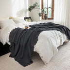 FOSSA Muslin Blanket with Fringe - 4-Layer 100% Cotton Gauze Super Soft & Breathable Throw -Lightweight Decorative Cooling Blanket for Bed, Sofa, Office -Oversize Queen Size 98" × 98" (Dark Gray)