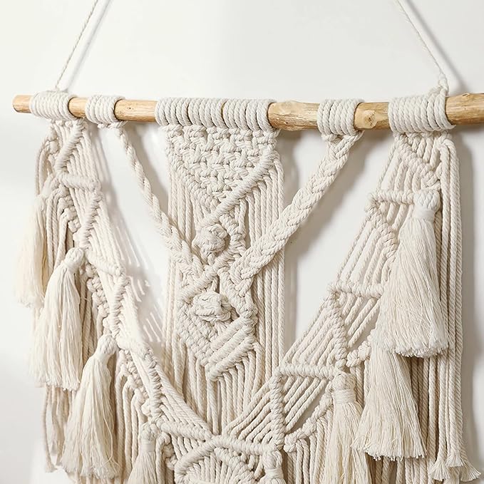 Macrame Wall Hanging, Handmade Boho Woven Wall Hanging with Tassel, Wall Decor for Bedroom Living Room Nursery Apartment (White)