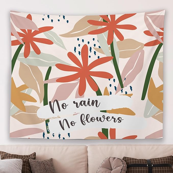 MNOSAIOO Boho Floral Spring Wall Tapestry Hanging for Classroom, Inspirational No Rain No Flower Tapestry, Cute Nursery Tapestries Wall Decor for Bedroom Therapy Girly Room Kids 60x50 inch