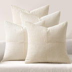 MIULEE Beige Throw Pillow Covers 20x20 Inch Set of 4 Boho Patchwork Cushion Cases Modern Farmhouse Pillow Cases with Invisible Zipper Corduroy Striped Home Decor for Couch Sofa Bedroom