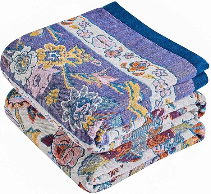 Boho Blanket Soft Muslin Boho Throw Blanket 100% Cotton Blanket All Seasons Reversible Rustic Floral Printed Vintage Rustic Farmhouse Decor Throw for Sofa Couch Chair (White, 90"x98")