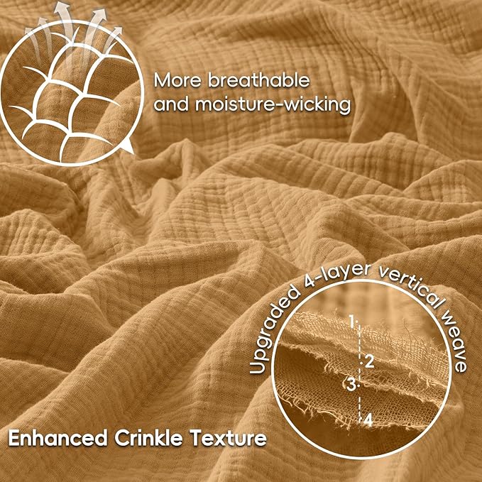 PHF 100% Cotton Muslin Blanket King Size 108"x90", 4-Layer Lightweight Gauze Throw, Breathable Cloud-Soft Minimalist Blanket for Bed, Couch, Camping & Baby, Amber, Ideal Gift