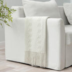 MIULEE Cream White Knitted Throw Blanket for Couch Textured Knit Blanket with Tassels Cozy Woven Boho Bed Blanket for Sofa Bed Chair Acrylic Wave Pattern 50"x60"