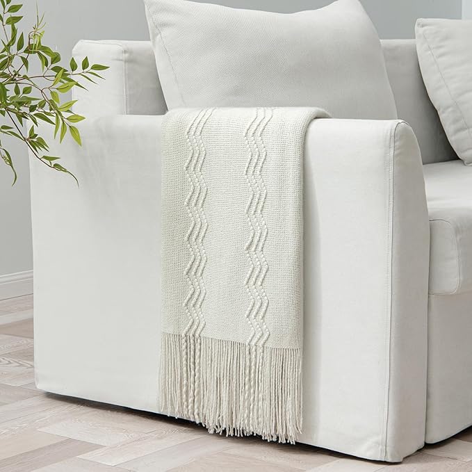MIULEE Cream White Knitted Throw Blanket for Couch Textured Knit Blanket with Tassels Cozy Woven Boho Bed Blanket for Sofa Bed Chair Acrylic Wave Pattern 50"x60"