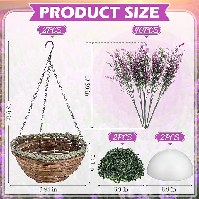 2 Sets Artificial Lavender Flowers with Hanging Basket for Outdoor Indoor Artificial Faux Hanging Flowers Plants Rattan Lining for Porch Garden Yard Spring Summer Decor(Red Lotus)