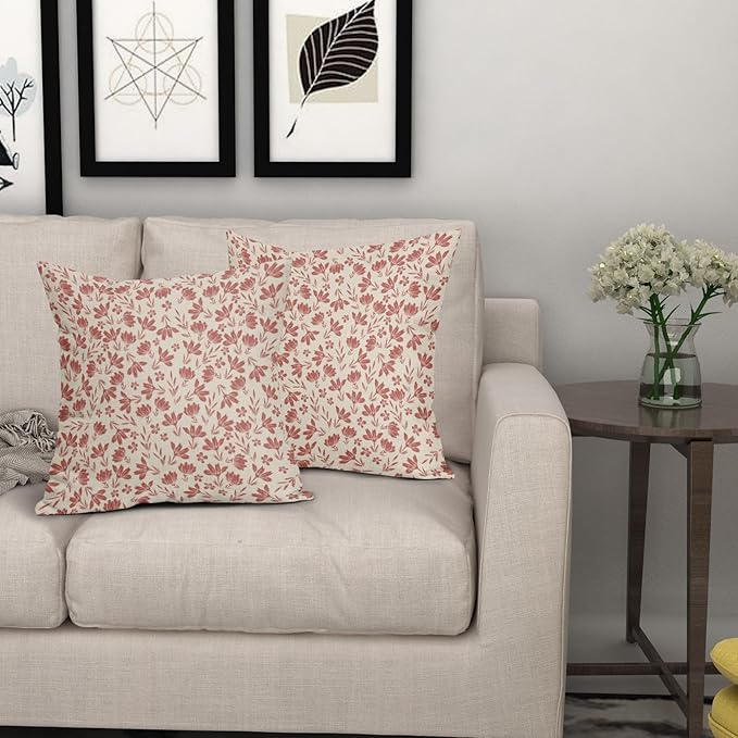 Pink Floral Pillow Covers 18x18 Set of 2 Vintage Rustic Old Style Cute Small Flower Pink Cream Print Decorative Outdoor Pillowcases Farmhouse Throw Cushion Case Decor for Couch Sofa Bed