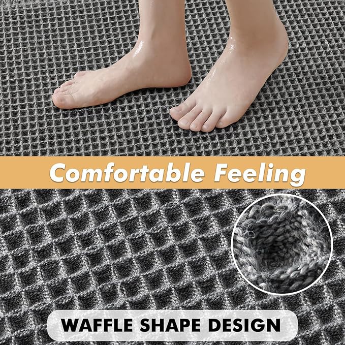 MIULEE Set of 2 Waffle Bathroom Rugs, Boho Bath Rugs Non Slip Washable, Super Absorbent Bath Mats, Ultra Soft Rubber Backed Shower Mats for Bathroom Floor, Tub and Shower, Dark Grey, 17x24 Inch