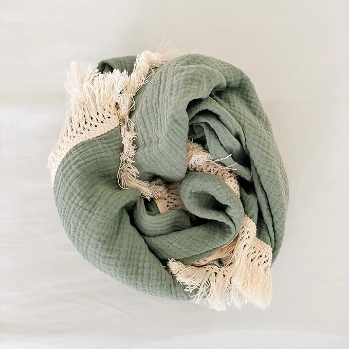 Muslin Cotton Baby Receiving Blanket with Fringe, Boho Bohemian Tassels, Nursery Decor, Boy or Girl Unisex Swaddle Wrap, Use as Throw or Nursing Fringed Blankets (Sage)