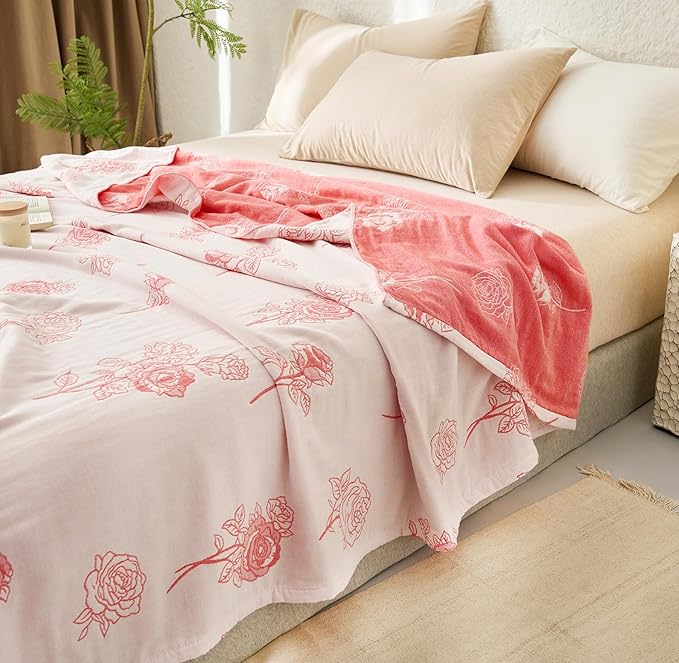 Scientific Sleep Rose Pink White Flower 100% Cotton Muslin Blanket Throw Cover for Bed Couch Sofa Cozy Soft Reversible Bedding Blanket Bedspread Coverlet Twin 60 in x 80 in