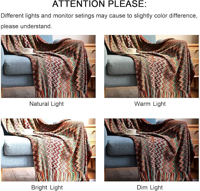 lifein Fall Boho Throw Blanket for Couch - Soft Knitted Farmhouse Bed Throw, Cozy Small Lightweight Blankets&Throws with Tassel for Autumn,Woman,Home Decor,Bed,Chair,Sofa,Gift(Bohemia Red,50 * 60")