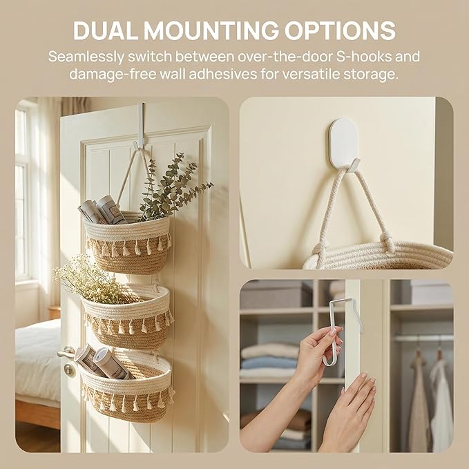 Hanging Baskets for Organizing,3-Tier Woven Cotton Wall-Mounted Storage Organizer Bag Decorative,Kitchen,Living Room,Bedroom,Nursery