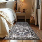 Lessymo 2 x 6 Runner Rug,Machine Washable Area Rugs Boho Faux Wool Low Pile Area Rug for Bedroom, Floral Medallion Vintage Rugs with Non-Slip Rubber,Black Brown