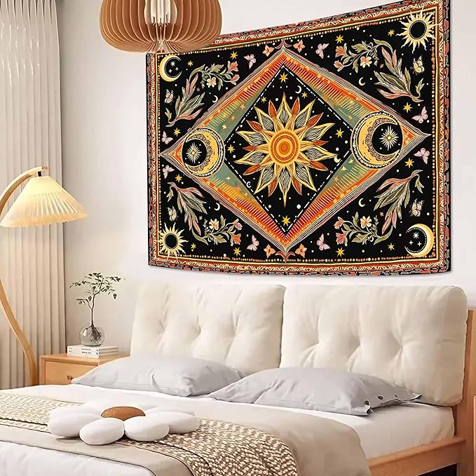 Accnicc Hippie Sun and Moon Tapestry Boho Mandala Floral Wall Tapestry for Bedroom Aesthetic Vintage Plant Celestial Colorful Small Tapestries Wall Hanging for Dorm Living Room Decor 48 x 36 Inch