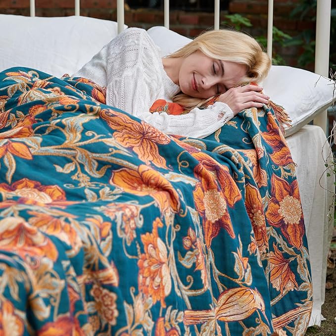 Boho Throw Blanket - 100% Cotton Ultra Soft Muslin Blanket, 50"x60" Lightweight Floral Bird Framhouse Bedding Spring Blanket for Bed, All Season Blue Bohemian Bedroom Home Decor Quilt
