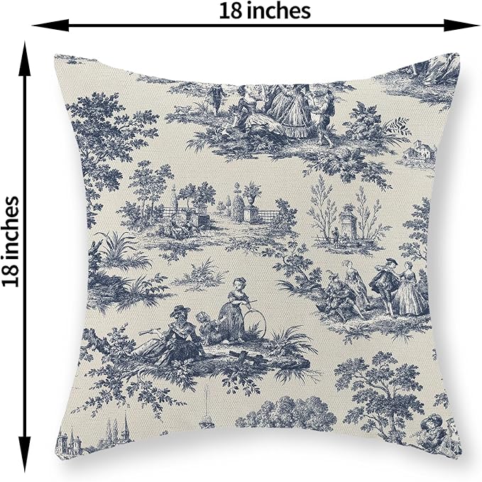 French Country Pillow Covers 18x18 Set of 2 Vintage Toile Blue Throw Pillows French Country Outdoor Decorative Pillowcase Rustic Cottage Decor Linen Farmhouse Cushion Case for Couch Bed Sofa