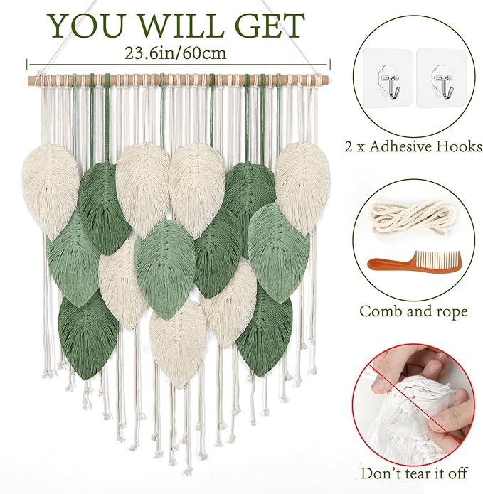Weldomcor Macrame Wall Hanging, Boho Leaves Macrame Tapestry Wall Decor Handmade Green Woven Hanging Decor Chic Bohemian Wall Art Home Decoration for Bedroom Living Room Nursery Office 23.6"W x 29.5"L